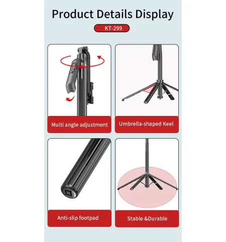 JMARY KT299 Smart Rotation Selfie Stick & Tripod With AI Face Sensor (Up to 1.8 m, 360° Horizontal)