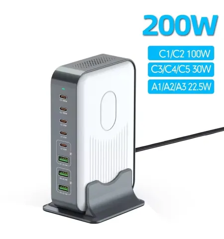 200W 6 Port PD Fast Charger For PD3.0 USB C 100W USB A 22.5W Universal For Phone Tablet Laptops