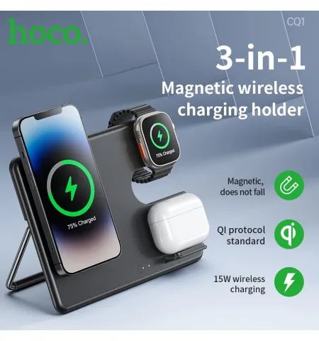 Hoco CQ1 3 In 1 Qi Magnetic Wireless Charger Station For iPhone Earbuds And Watch