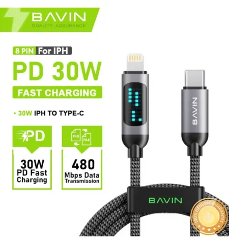 BAVIN CB377 1M PD Fast Charging Data Cable 30W With LED Display Nylon Braided