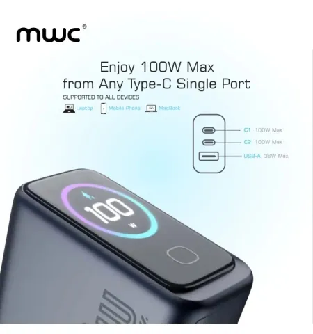 MWC MGF100 Pro 100W 3-Port Smart AI Premium GaN Charger With AI Display And Touch Control