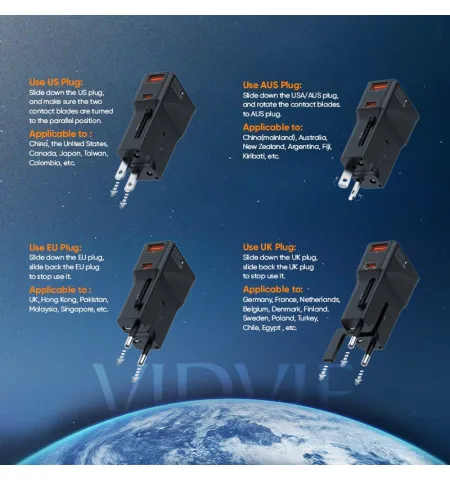 Vidvie TA4405 25W Global Universal Conversion Charger Travel Adapter