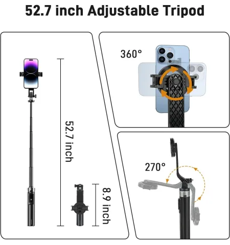 P135 Magnetic Selfie Stick MagSafe Tripod 4.5 Feet With Detachable Remote