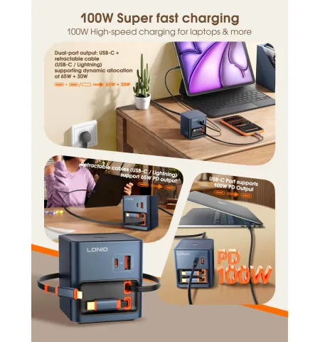 LDNIO Q16 100W GaN Pro Desktop Charger: All-in-One Fast Charging Hub with Retractable Cables
