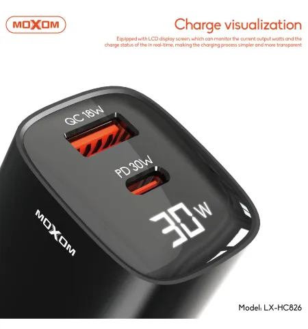 Moxom LX HC826 30 Watt GaN Charger Digital Display With Type C Cable