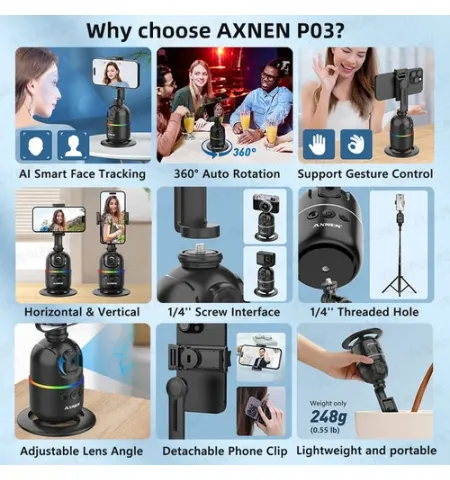P03 Smart Auto Face Tracking AI Gimbal 360° Rotating Desktop Mount for Smartphones & Action Cameras