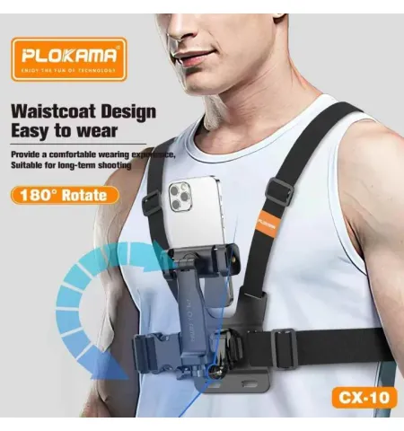 PLOKAMA CX10 Chest Strap Phone & Action Camera Mount 360° Adjustable