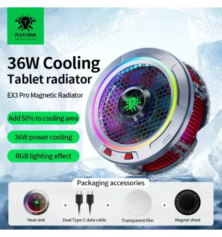 PLEXTONE EX3 Pro Magnetic Flat Panel Radiator 36W High Power Semiconductor Refrigeration Mobile Phone Cooling Fan RGB Light