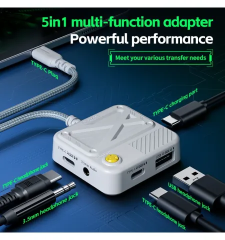 Plextone GS5 PD 60W 5 In 1 Fast Charge Adapter TYPE-C To 3.5mm Aux Converter
