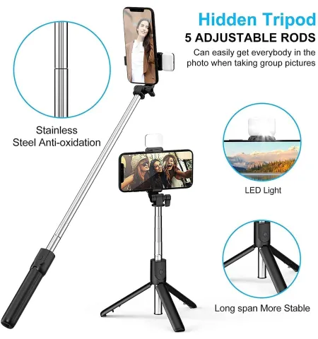 R1S Selfie Stick Tripod With Bluetooth Remote And Selfie Light
