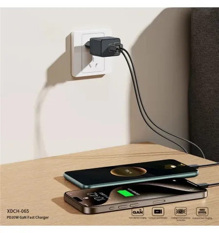 XUNDD XDCH 065 Type-C+USB-A 30W Fast ChargingPortable GaN Power Adapter Mobile Charger