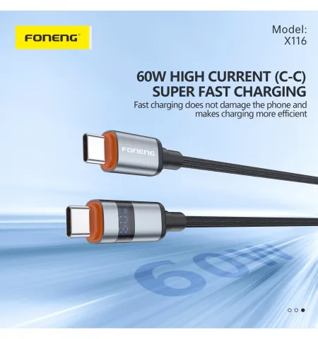 FONENG X116 60W Type C To C 1.2M Power Display Aluminum Alloy Braided Fast Charging Cable
