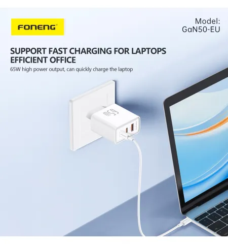 FONENG GaN50 65W 3-Port USB-A + Dual USB-C GaN Fast Charger With Type C Cable