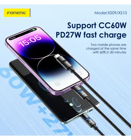 Foneng XS10 1.2M 2 In 1 Metal Head Braided Cable 60W Fast Charging