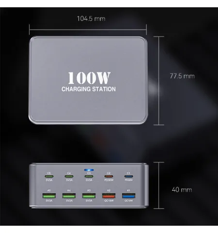 HW33 100W Type-C + USB 10 Port Desktop Fast Charger