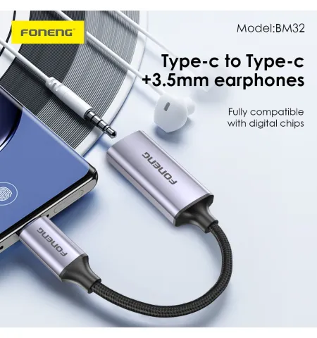 Foneng BM32 Type C 2-in-1 Metal Audio Cable (13cm)
