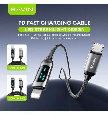BAVIN CB377 1M PD Fast Charging Data Cable 30W With LED Display Nylon Braided