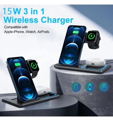 3 In 1 Foldable Wireless Charger Station For Phone Watch And Earbuds