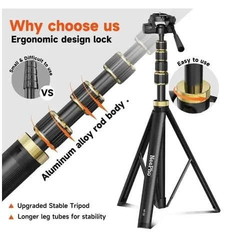 NeePho NP Z8 Professional Aluminum Tripod (57cm – 215cm) 360° Rotating Head Non-Slip Legs & Wide Base