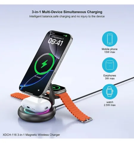 XUNDD XDCH-116 3 In 1 Magnetic Folding Wireless Charger For Mobile Phone, Earphones & Watch