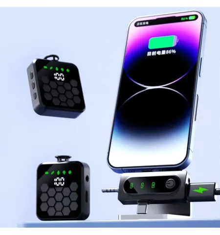 QY66 Dual Noise‑Cancelling Wireless Microphone LED Display 3‑in‑1 Receiver (iPhone / Type‑C / Camera)