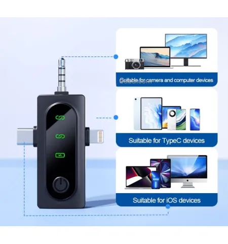 QY66 Dual Noise‑Cancelling Wireless Microphone LED Display 3‑in‑1 Receiver (iPhone / Type‑C / Camera)