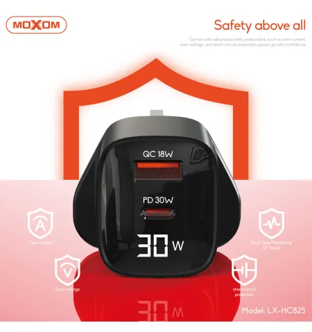 MOXOM LX HC825 30W Dual Port USB C & USB-A Fast GaN Charger With LCD Screen
