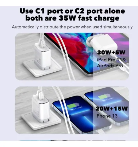 LDNIO A2528C Super Fast Charging 35W With Dual PD Charger With Type-C Cable