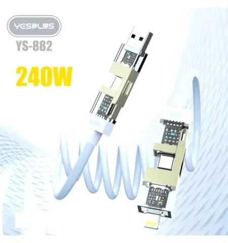 Yesplus YS-882 Spring 4 In 1 Fast Charging Data Cable (240W Quick Charge, USB Type-C & Lightning Spiral)
