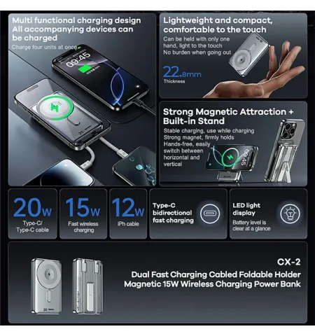REMAX CX2 10000mAh 15W Wireless Charging Powerbank With Cable And Stand