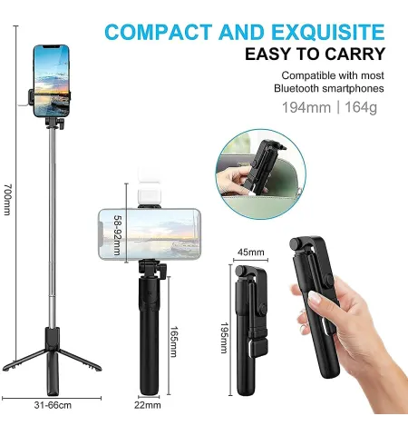 R1S Selfie Stick Tripod With Bluetooth Remote And Selfie Light