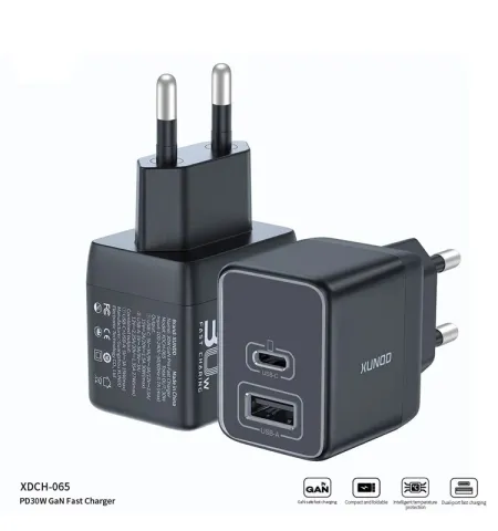 XUNDD XDCH 065 Type-C+USB-A 30W Fast ChargingPortable GaN Power Adapter Mobile Charger