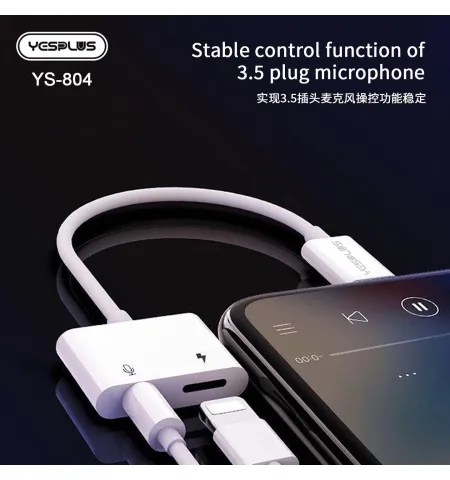 Yesplus YS 804 Lightning 2 In 1 3.5mm Charging Call And Music Plug Adapter