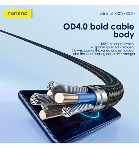 Foneng XS10 1.2M 2 In 1 Metal Head Braided Cable 60W Fast Charging