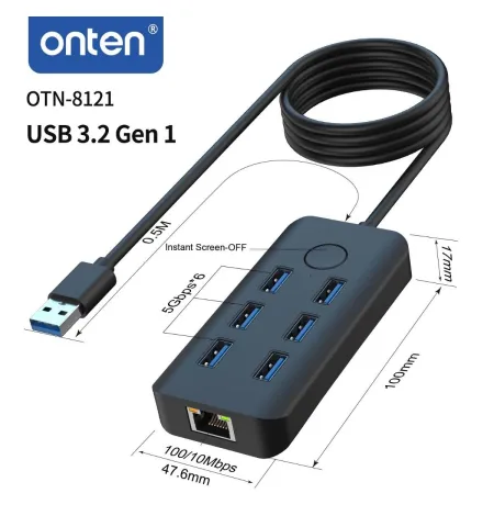 Onten OTN 8121 USB 3.2 Gen 1 6-Port 5G Hub with Ethernet card and One-click Lock Screen Button