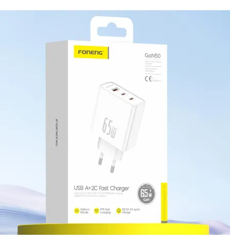 FONENG GaN50 65W 3-Port USB-A + Dual USB-C GaN Fast Charger With Type C Cable