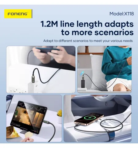 FONENG X118 1.2M PD 27W Flowing Light Zinc Alloy Head Braided Fast Charging Cable