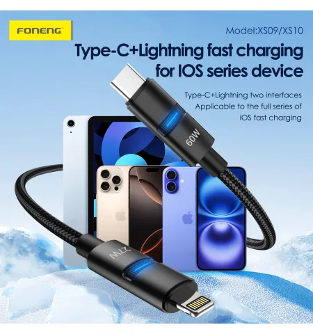 Foneng XS10 1.2M 2 In 1 Metal Head Braided Cable 60W Fast Charging