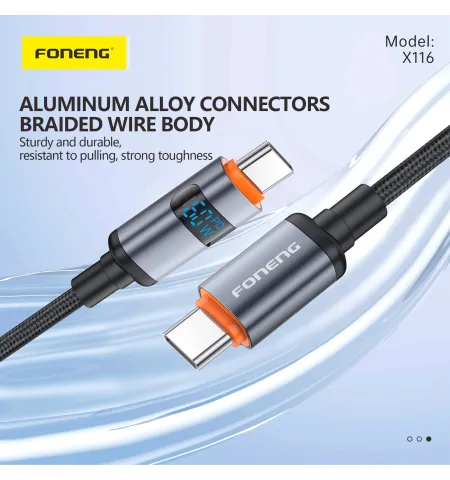 FONENG X116 60W Type C To C 1.2M Power Display Aluminum Alloy Braided Fast Charging Cable