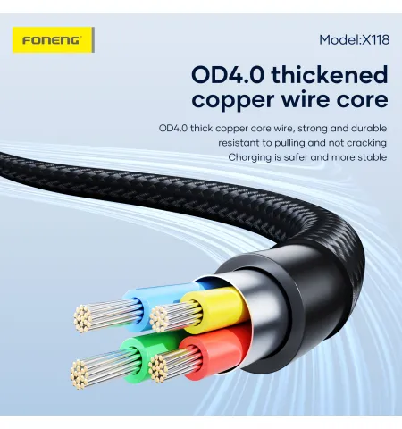 FONENG X118 1.2M PD 27W Flowing Light Zinc Alloy Head Braided Fast Charging Cable