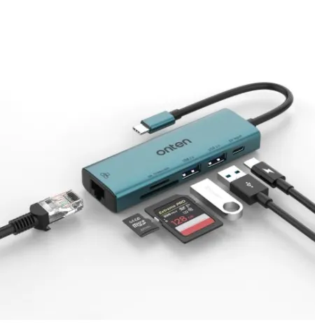 Onten UC122 6 In 1 USB-C / Type-C To SD + TF Card + USB 3.0 HUB With 5V Input & 100Mbps Network Card