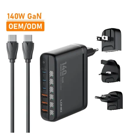 LDNIO A6140C 140W Fast charging 6 USB Ports LED Display GaN Charger Adapter