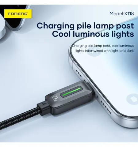 FONENG X118 1.2M PD 27W Flowing Light Zinc Alloy Head Braided Fast Charging Cable