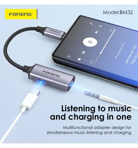 Foneng BM32 Type C 2-in-1 Metal Audio Cable (13cm)