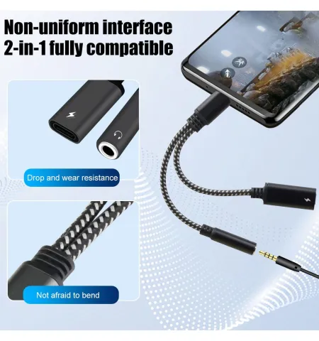 USB Type C To 3.5mm 2 In 1 Headphone And Charger Adapter