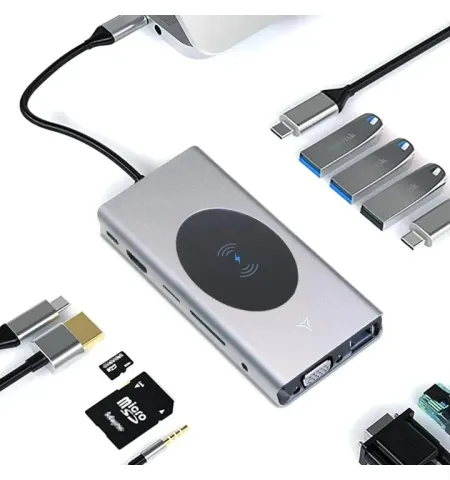 Docking Station USB C Hub 13‑in‑1 With Wireless Charging Station, USB C to HDMI, Ethernet, VGA, 5 USB and SD/TF 3.5mm Audio
