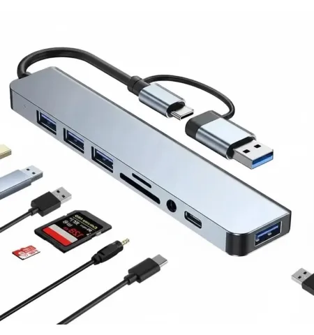 8 In 2 USB-C Hub Adapter With USB TF/SD Card Reader & 3.5mm Audio Port