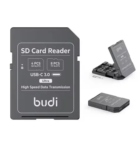 BUDI SD/TF Card Reader with SD Card Appearance Design 4 SD Slots & 8 TF Slots New Multifunctional High-Speed Memory Card Reader