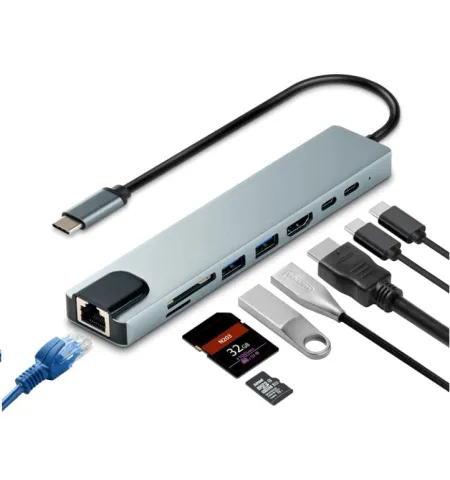 8 In 1 USB Hub C To HDMI RJ45 Adapter