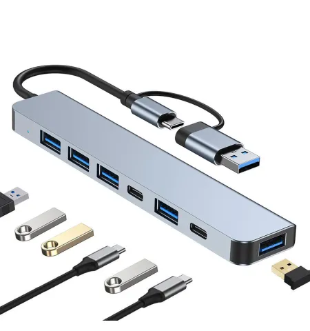 7 In 1 Aluminum Metal USB And Type C Hub For PC USB Extender